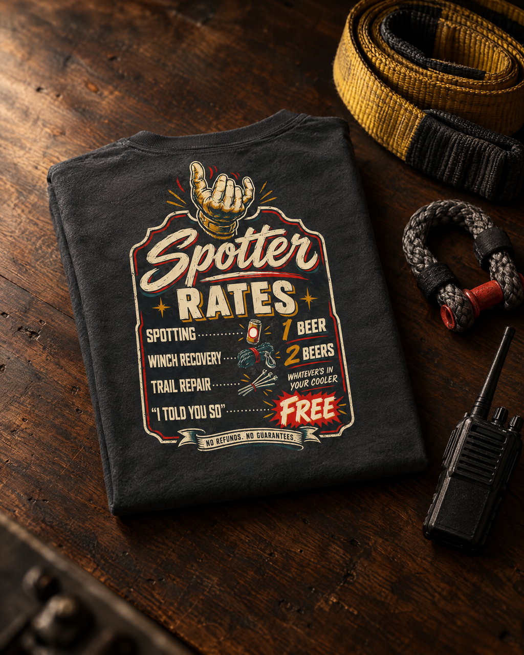 Spotter Rates tee folded on a walnut workbench next to a recovery strap, shackle and trail radio