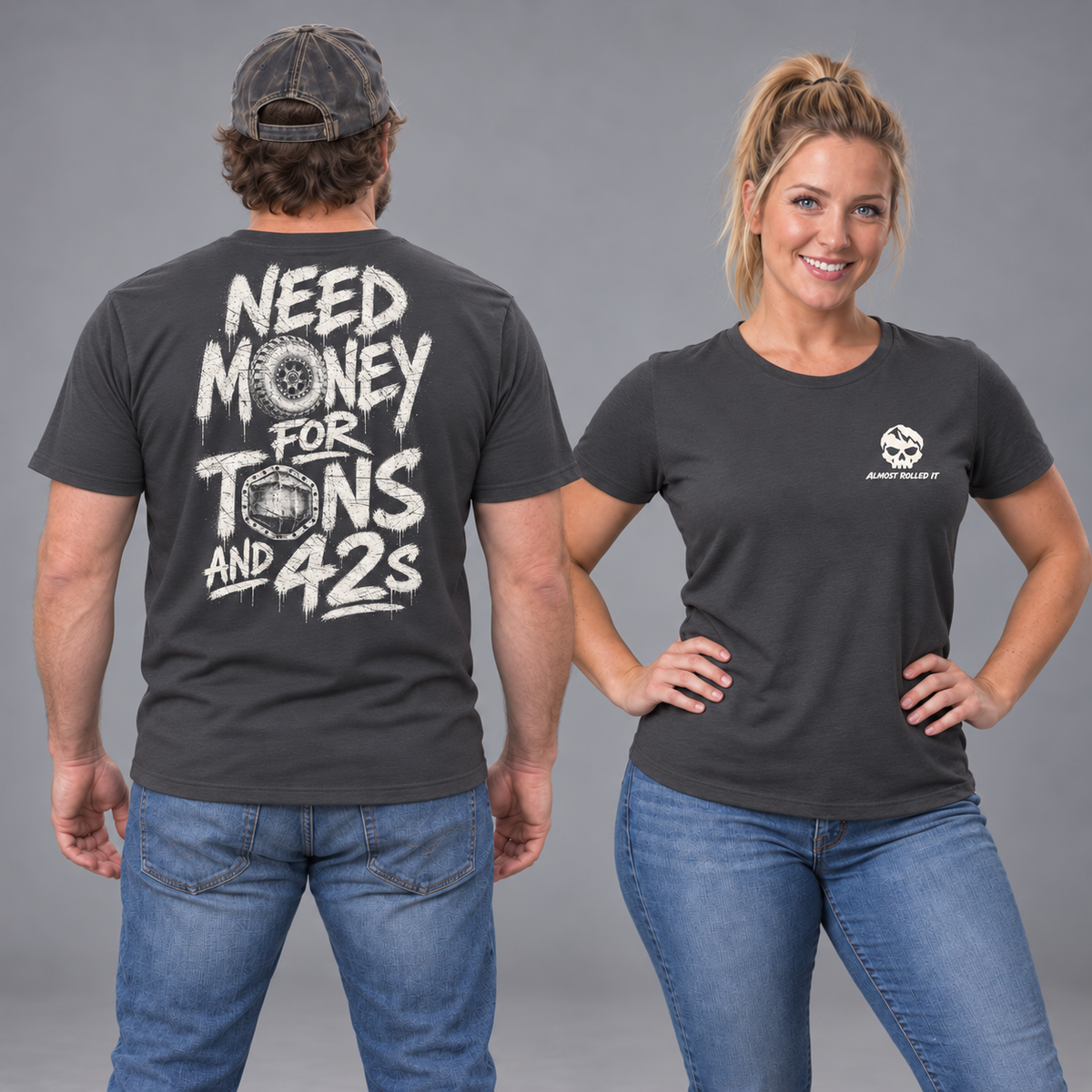Male back and female front studio views of the Dark Grey Tons & 42s unisex tee.