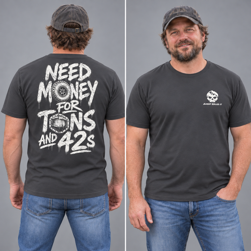 Male model showing the Dark Grey Tons & 42s tee from the back and front in a studio.