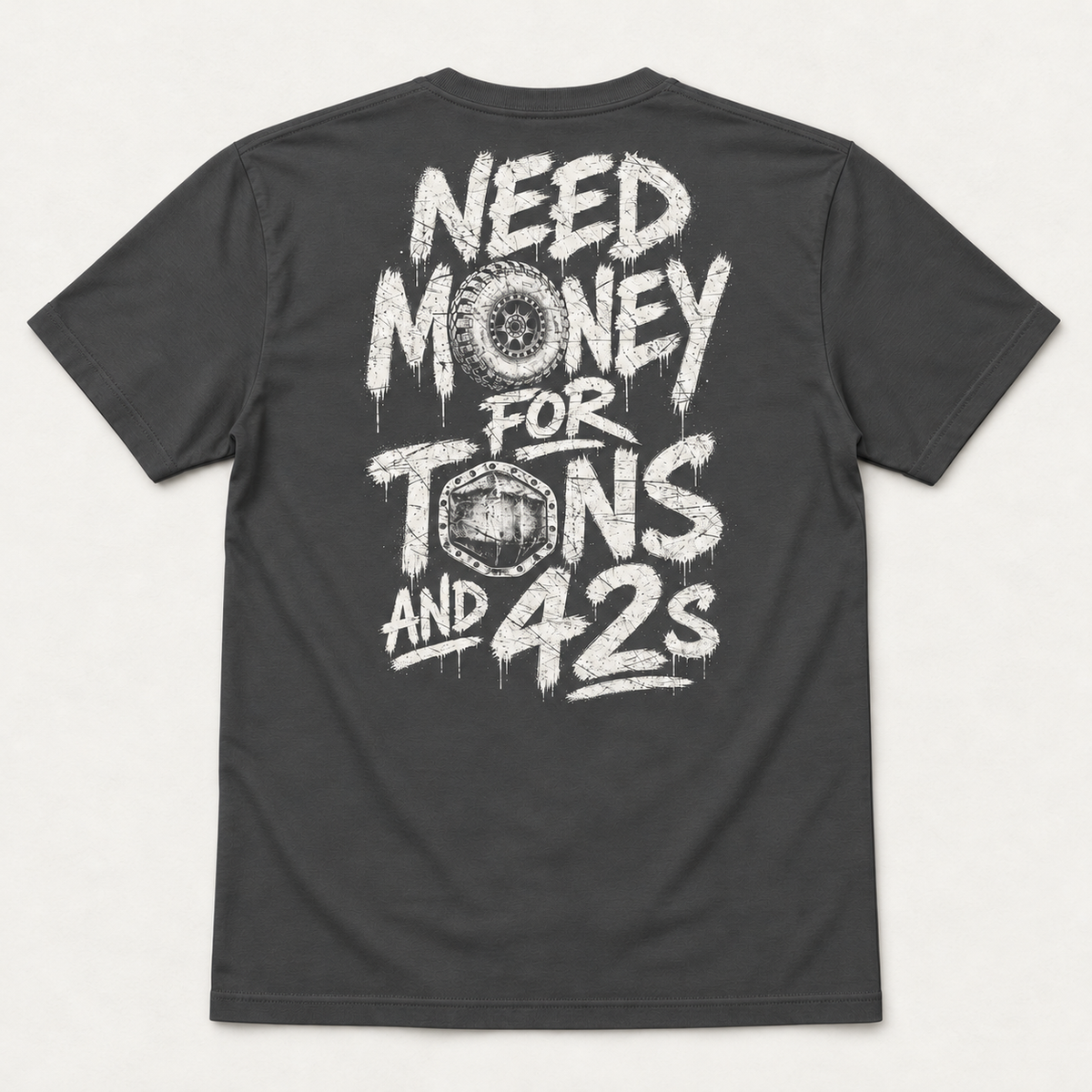 Dark Grey Tons & 42s tee, full back flat lay with distressed white lettering, tire and differential graphic.
