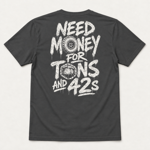 Dark Grey Tons & 42s tee, full back flat lay with distressed white lettering, tire and differential graphic.