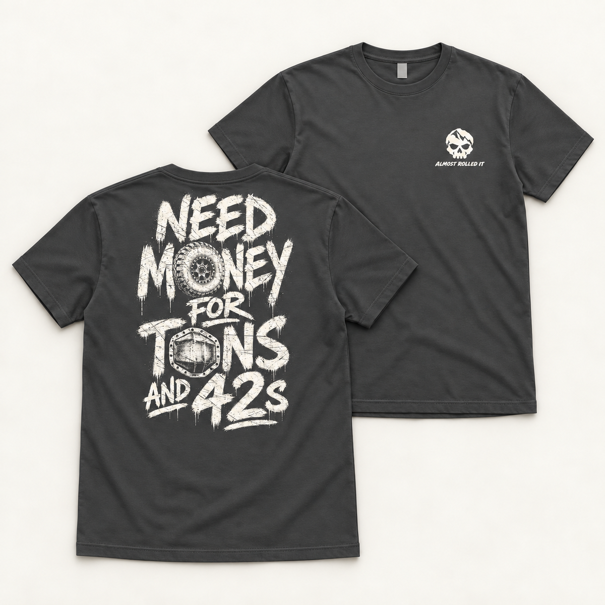 Front and back flat lays of the Dark Grey Tons & 42s tee, with small ARI chest logo and large white back print.