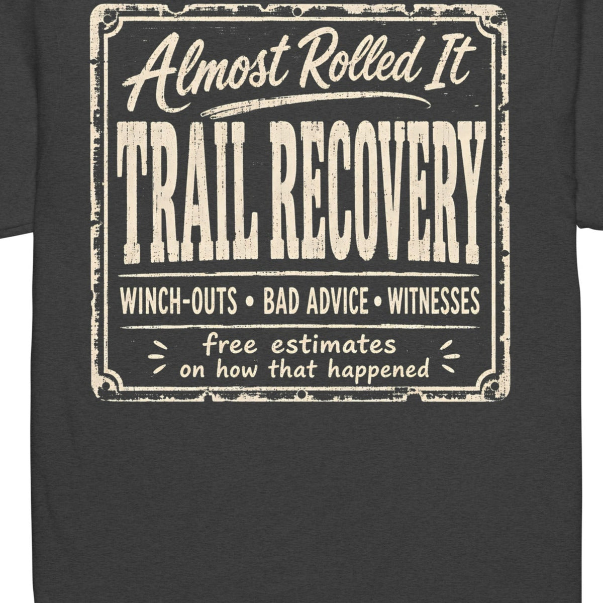ARI Trail Recovery Tee in Charcoal — artwork detail cropped from supplier mockup; not a physical print sample.