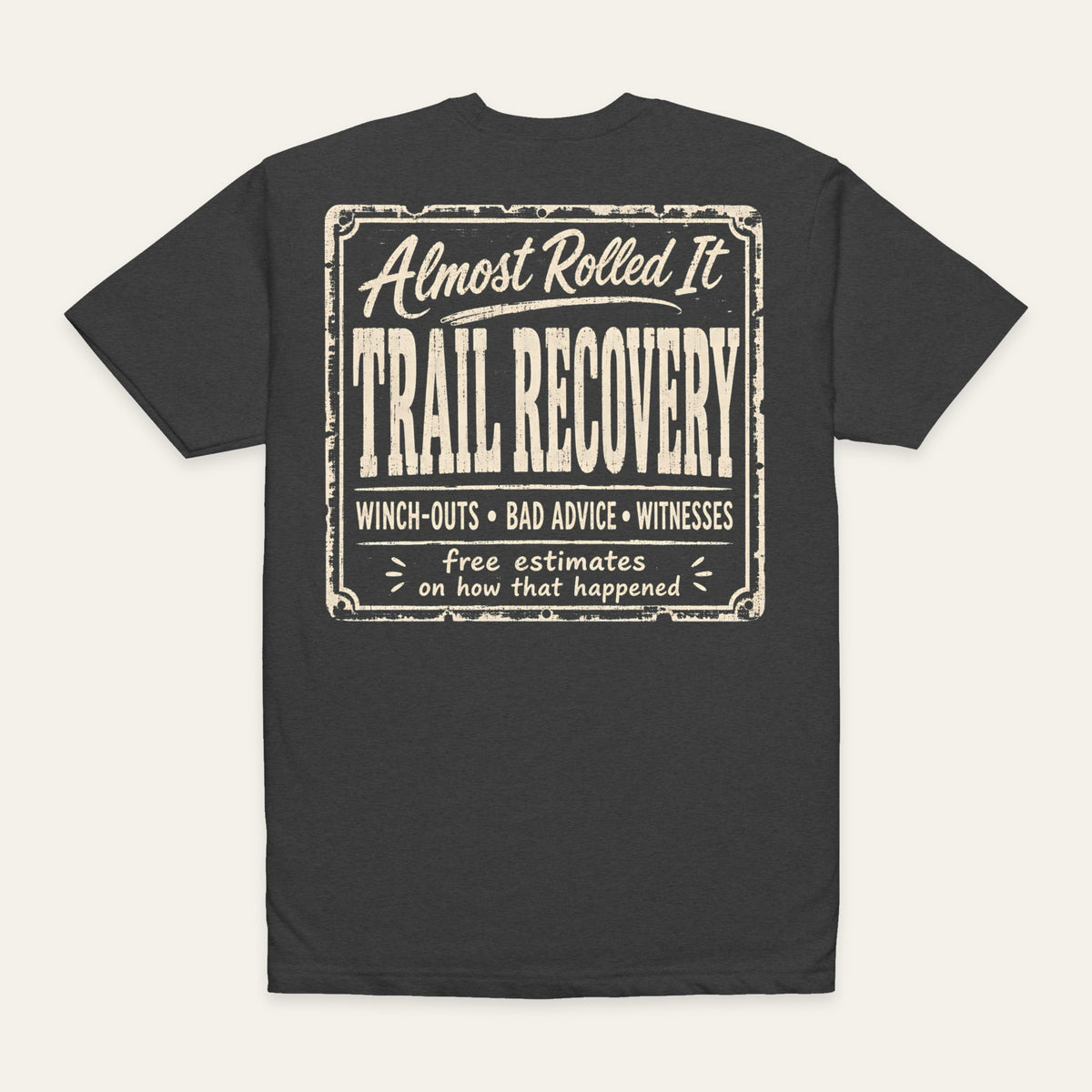 ARI Trail Recovery Tee in Charcoal — back flat lay. Supplier-derived product mockup; artwork and placement preserved.