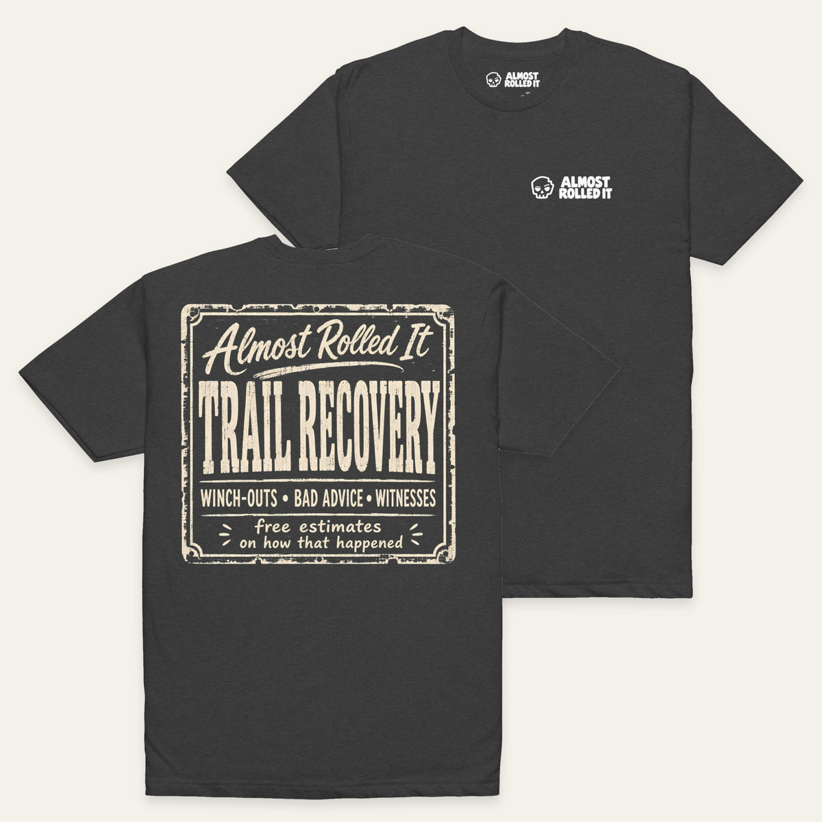 ARI Trail Recovery Tee in Charcoal — paired flat lay, back lower left and front upper right. Supplier-derived product mockup.