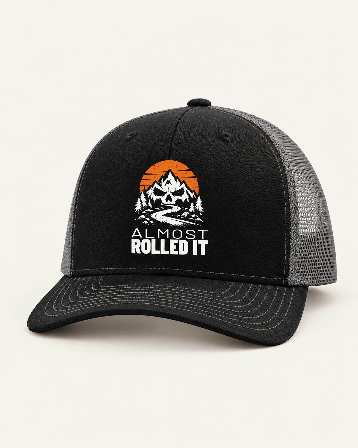 Almost Rolled It trucker hat, black front with charcoal mesh back