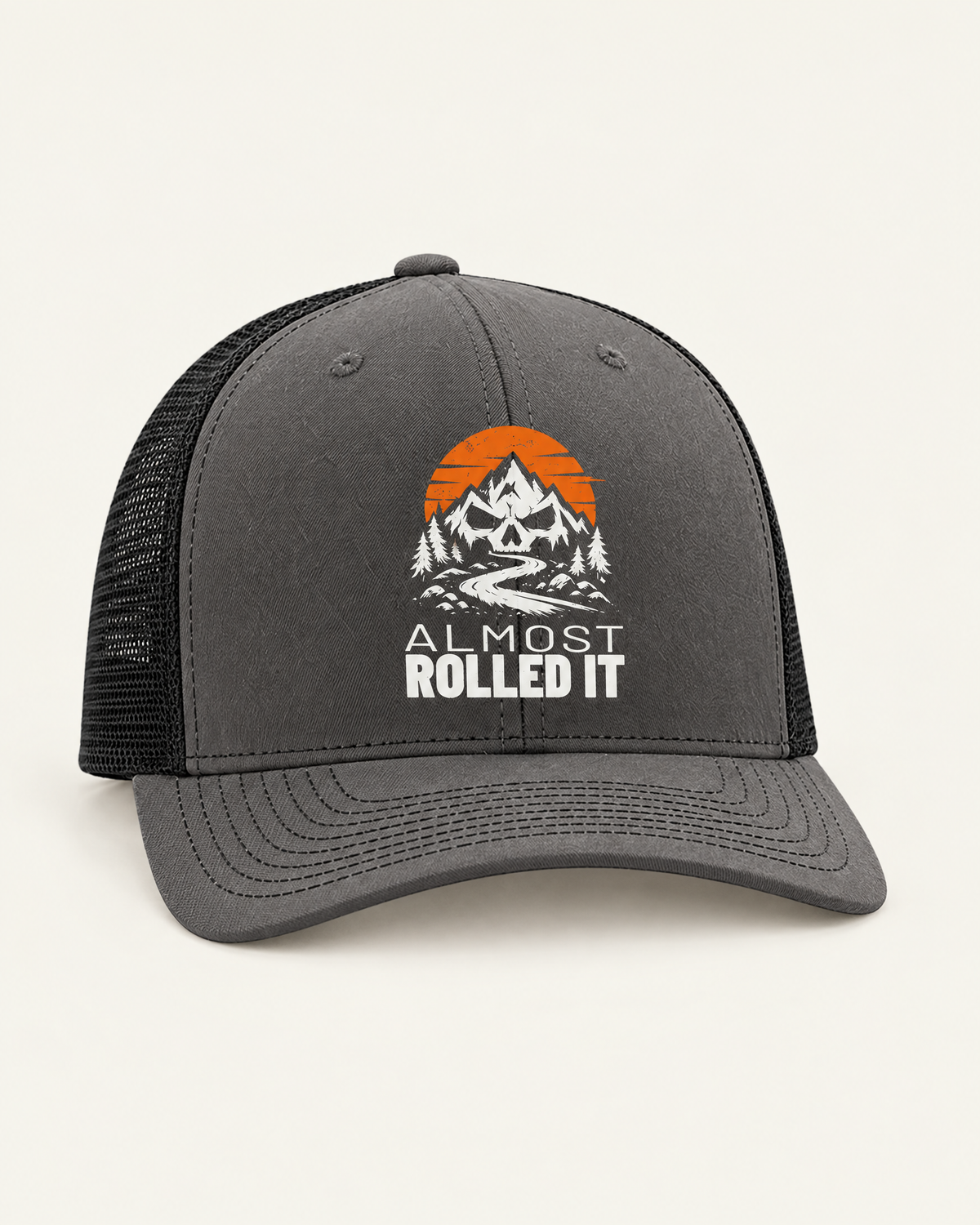 Almost Rolled It trucker hat, charcoal front with black mesh back