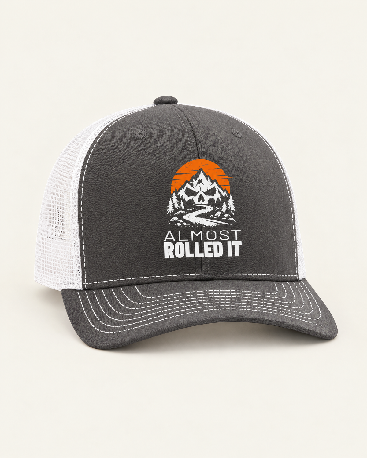 Almost Rolled It trucker hat, charcoal front with white mesh back