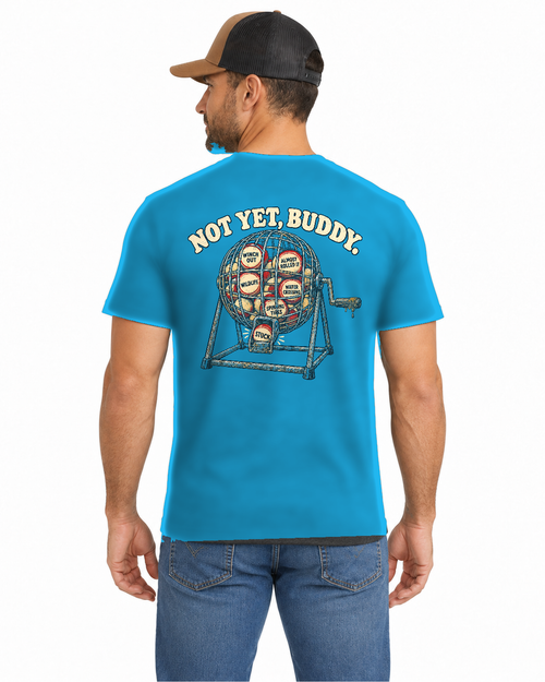 Are We Stuck Yet? Tee in Electric Blue, male back studio mockup