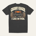 I like 'em wide Tee — Chubby Chaser in Charcoal — back flat lay. Supplier-derived product mockup; artwork and placement preserved.