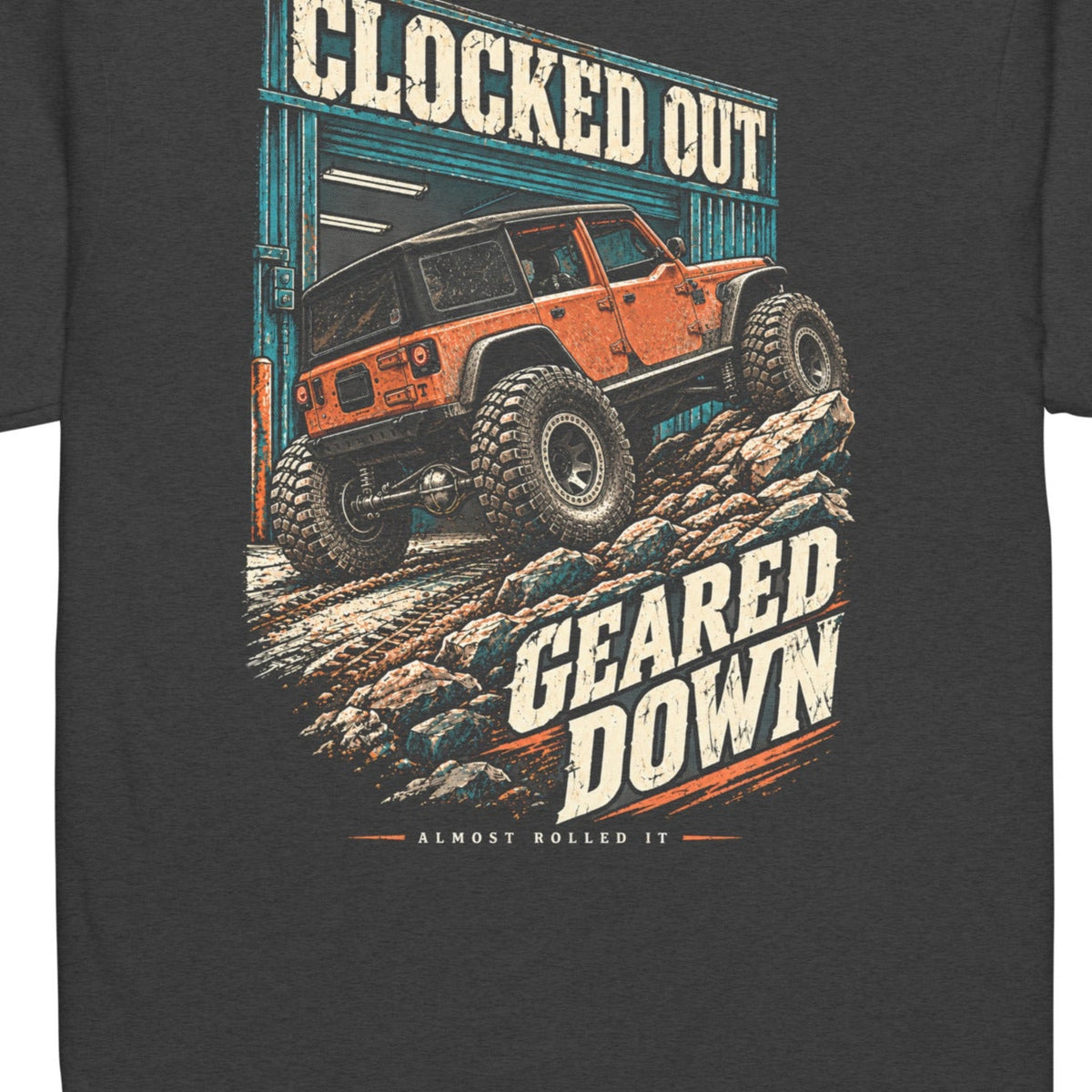 Clocked out Geared Down Tee in Charcoal — artwork detail cropped from supplier mockup; not a physical print sample.