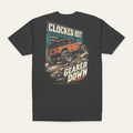 Clocked out Geared Down Tee in Charcoal — back flat lay. Supplier-derived product mockup; artwork and placement preserved.