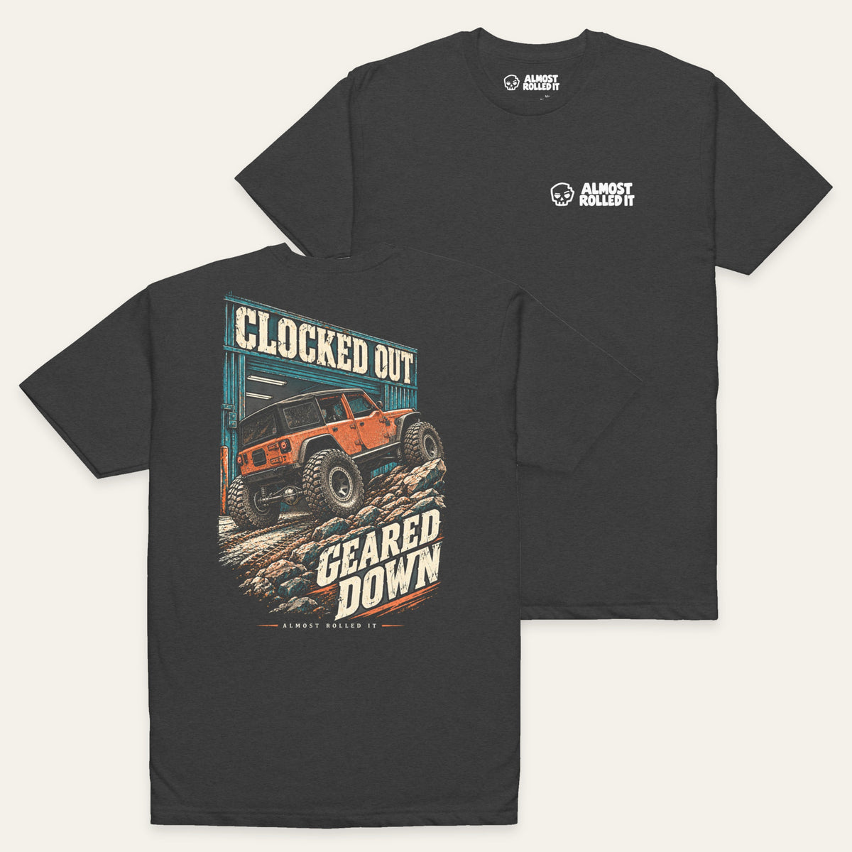 Clocked out Geared Down Tee in Charcoal — paired flat lay, back lower left and front upper right. Supplier-derived product mockup.