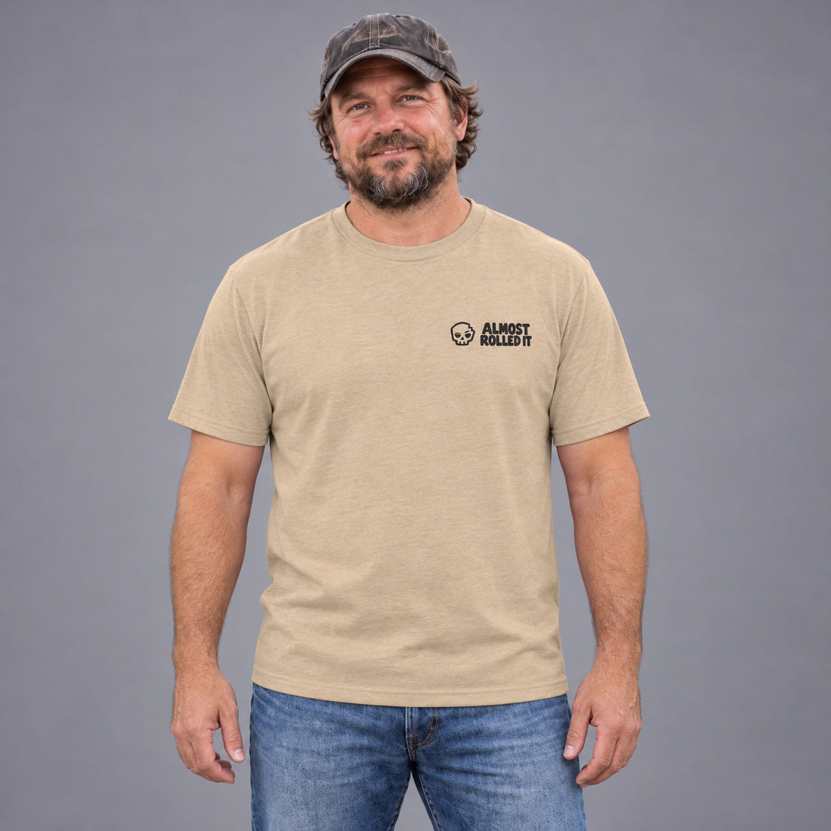ARI Core Tee in Heather Tan — AI-generated studio model illustration, front view. Not a physical sample, customer photo or measured fit proof.