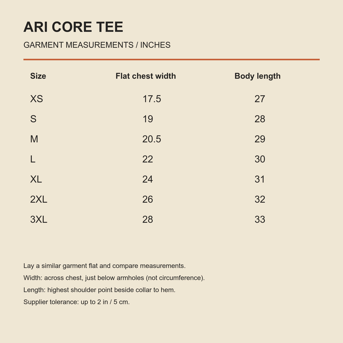 ARI Core Tee — size guide in inches, flat garment width and body length; not body measurements.