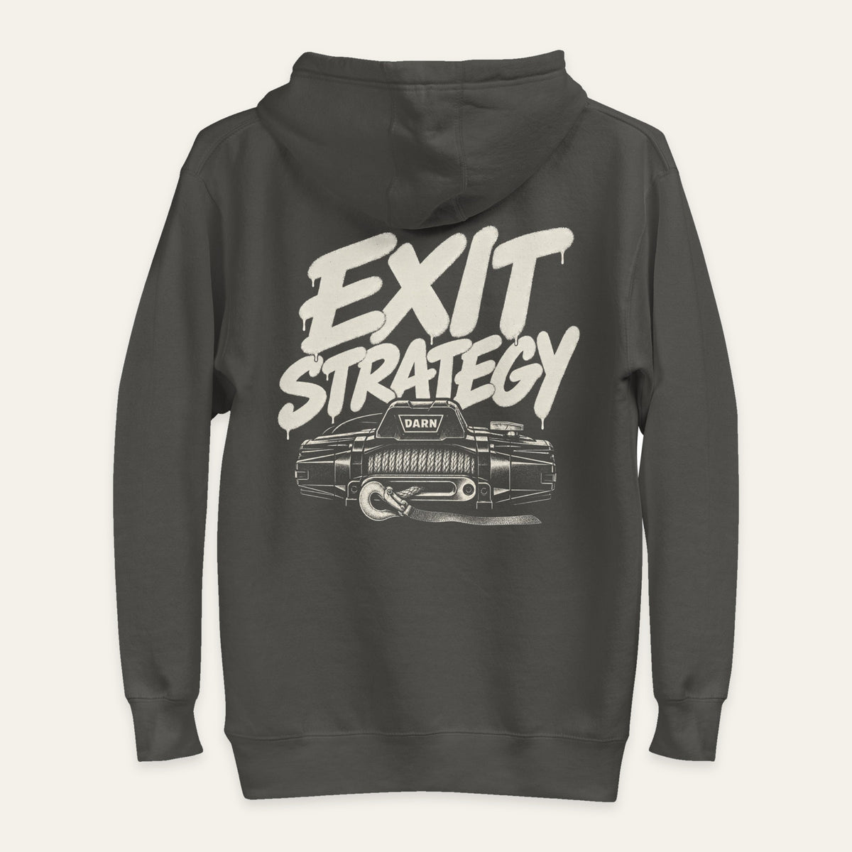 Exit Strategy Hoodie in Vintage Black — back flat lay. Supplier-derived product mockup; artwork and placement preserved.