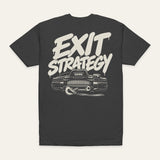 Exit Strategy Tee in Charcoal — back flat lay. Supplier-derived product mockup; artwork and placement preserved.
