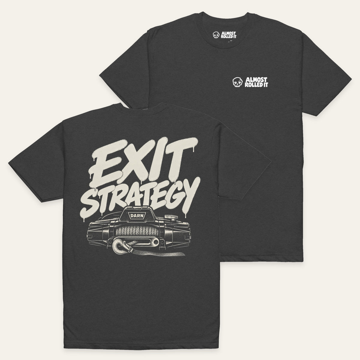 Exit Strategy Tee in Charcoal — paired flat lay, back lower left and front upper right. Supplier-derived product mockup.