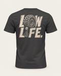 Low Life tee in dark grey, back view: cream LOW LIFE lettering with an off-road tire and 4LO shifter