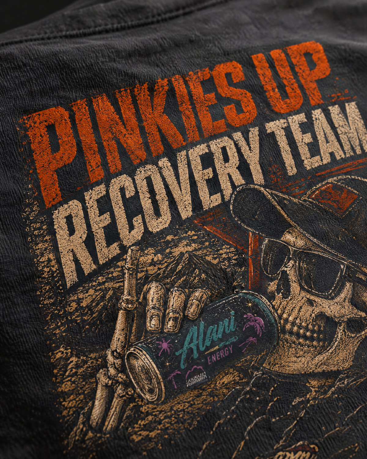 Close-up of the Pinkies Up print on soft cotton