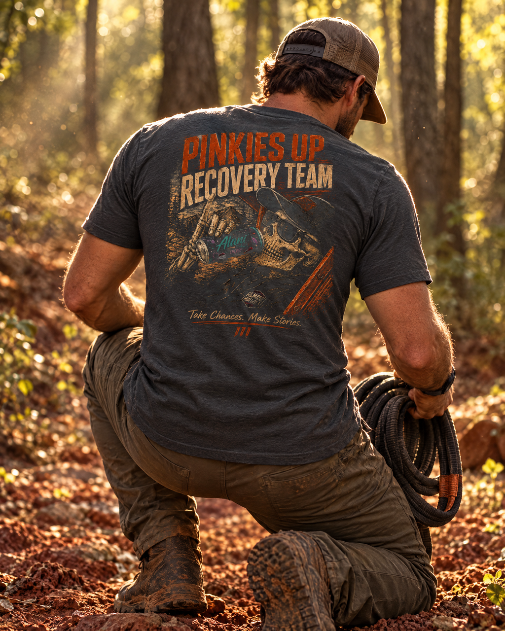 Man coiling a recovery strap on a red-clay trail in the Pinkies Up tee