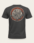 4Lo Skull tee in dark grey, back view: round distressed badge with a skeleton driver, Almost Rolled It and Low Range, High Stakes