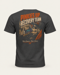 Pinkies Up tee in dark grey, back view: orange Pinkies Up Recovery Team lettering over an illustrated skeleton scene