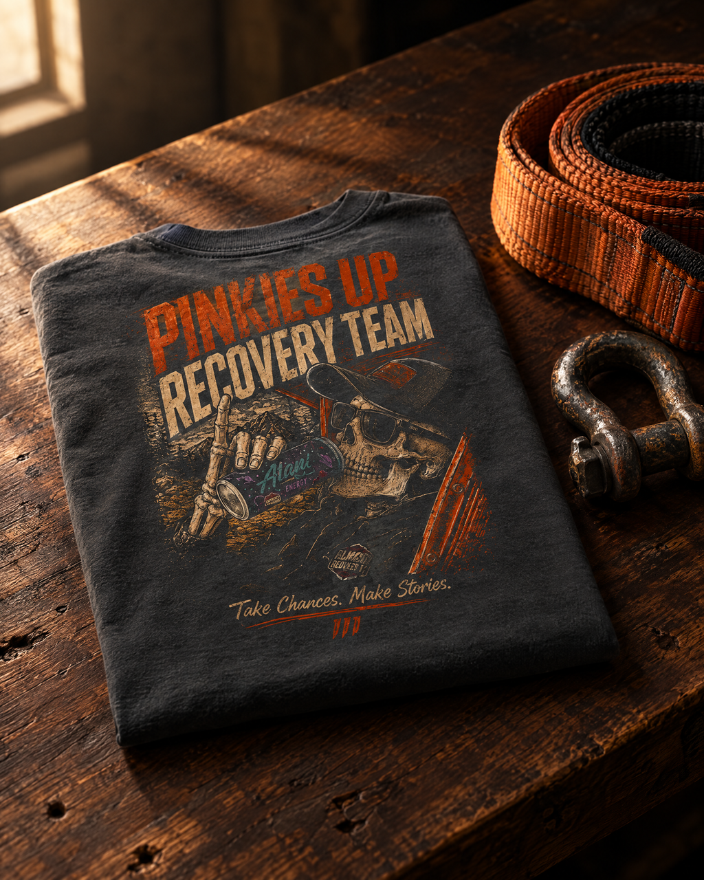 Pinkies Up tee folded on a walnut workbench next to a recovery strap and shackle