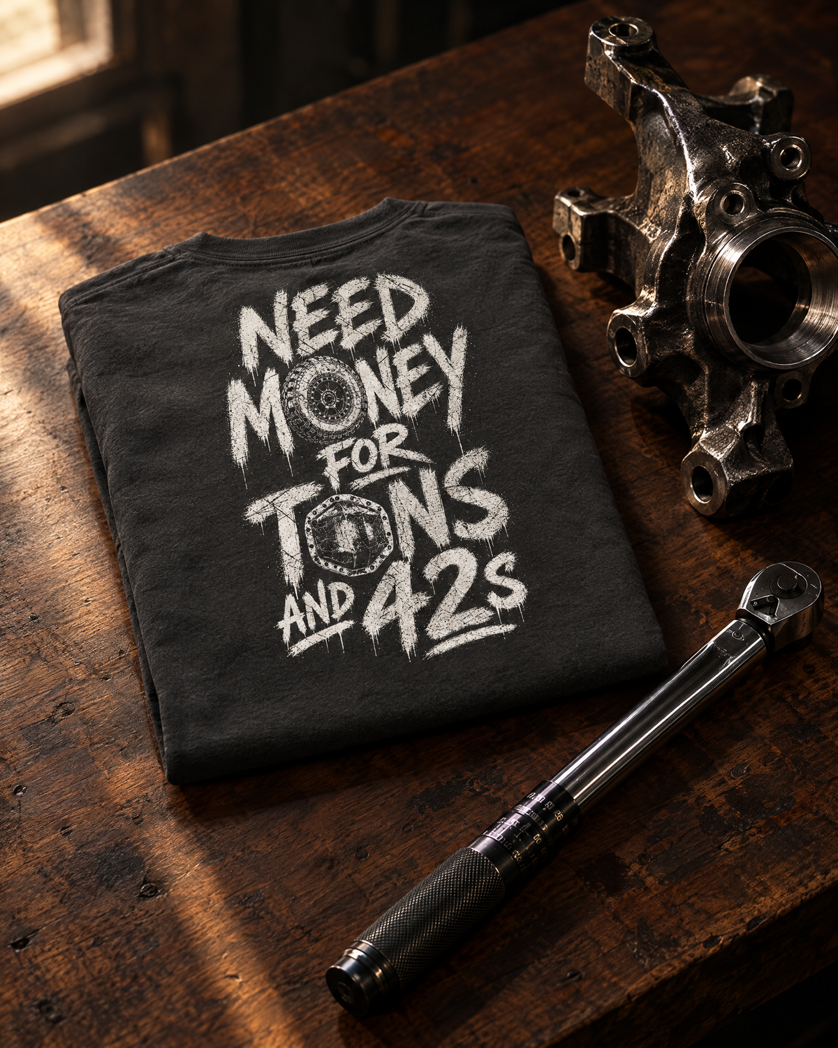 Dark grey Tons & 42s tee folded on a walnut workbench next to a steering knuckle and torque wrench