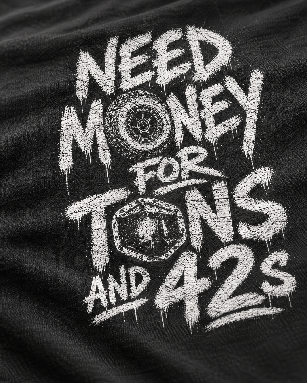 Close-up of the Tons & 42s print: white brush lettering on soft cotton