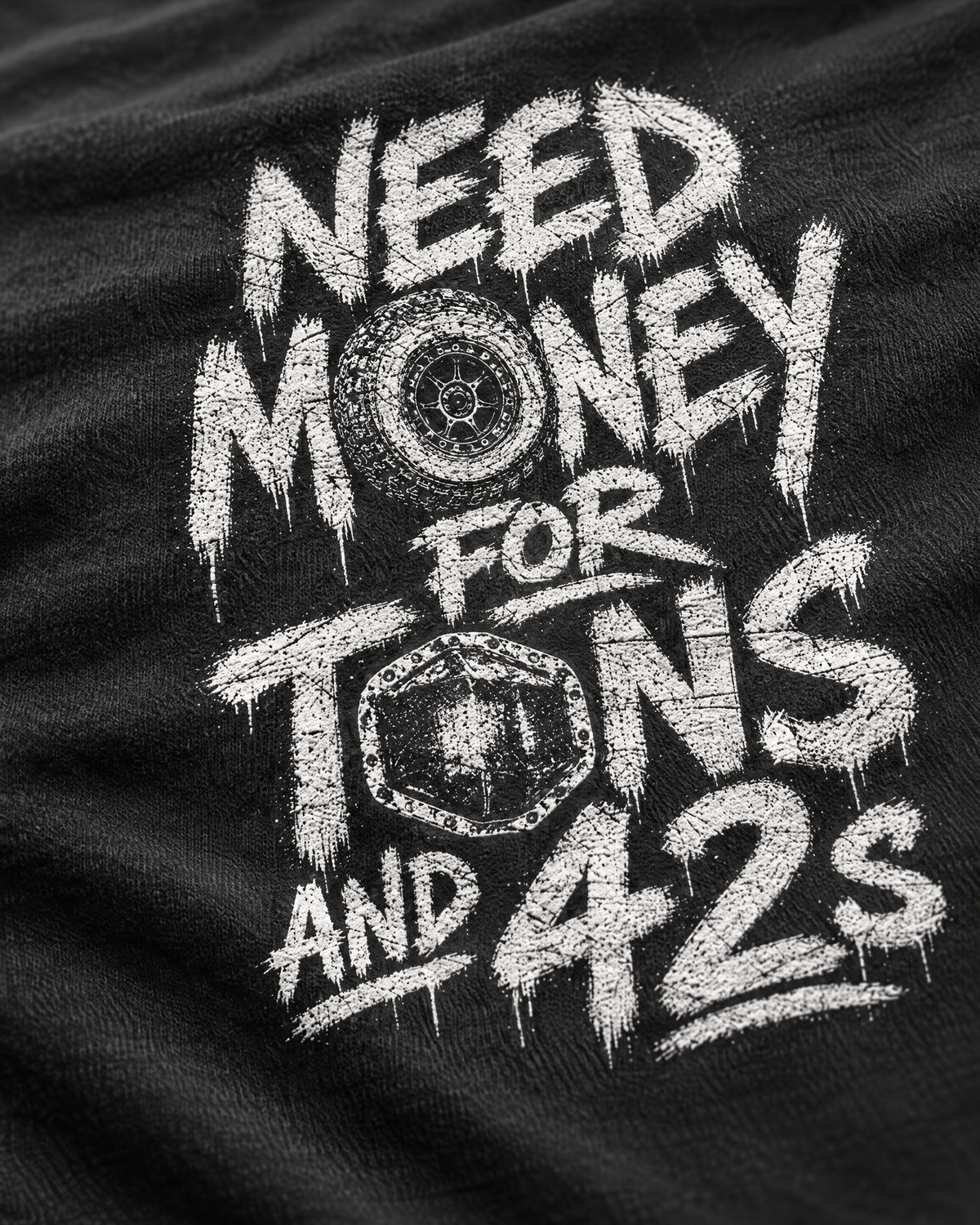 Close-up of the Tons & 42s print: white brush lettering on soft cotton