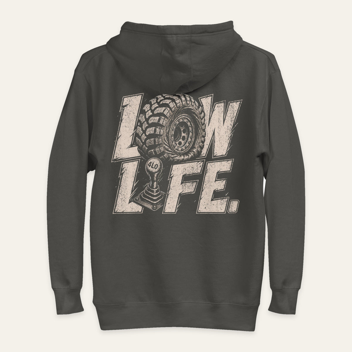Low Life Hoodie in Vintage Black — back flat lay. Supplier-derived product mockup; artwork and placement preserved.