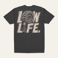Low Life Tee in Charcoal — back flat lay. Supplier-derived product mockup; artwork and placement preserved.