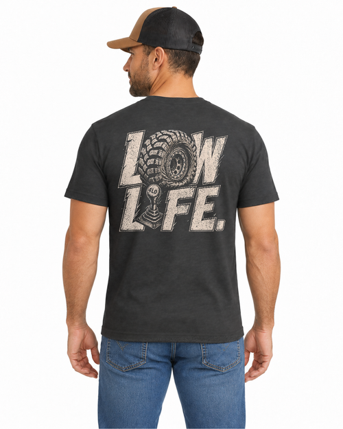 Low Life Tee in Dark Grey, male back studio mockup