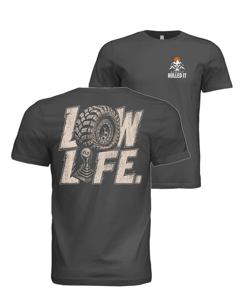 Low Life Tee in Dark Grey, paired front and back mockup with the back print in front