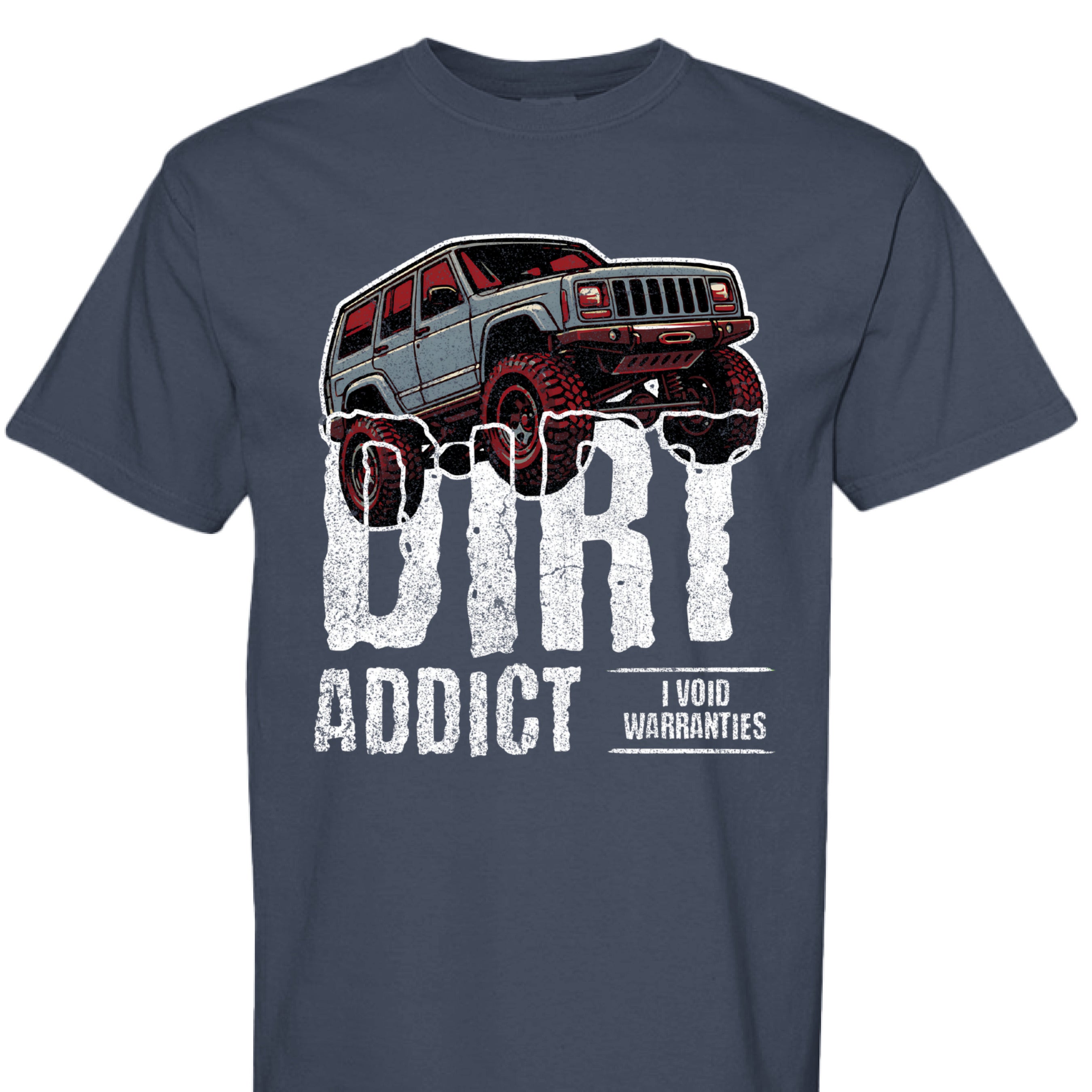 Dark charcoal gray t-shirt featuring a white graphic of a lifted Jeep Cherokee XJ captioned 'Dirt Addict.' - Charcoal Heather XJ Dirt Addict T-Shirt with distressed Jeep Cherokee graphic. - MIDNIGHT - FRONT