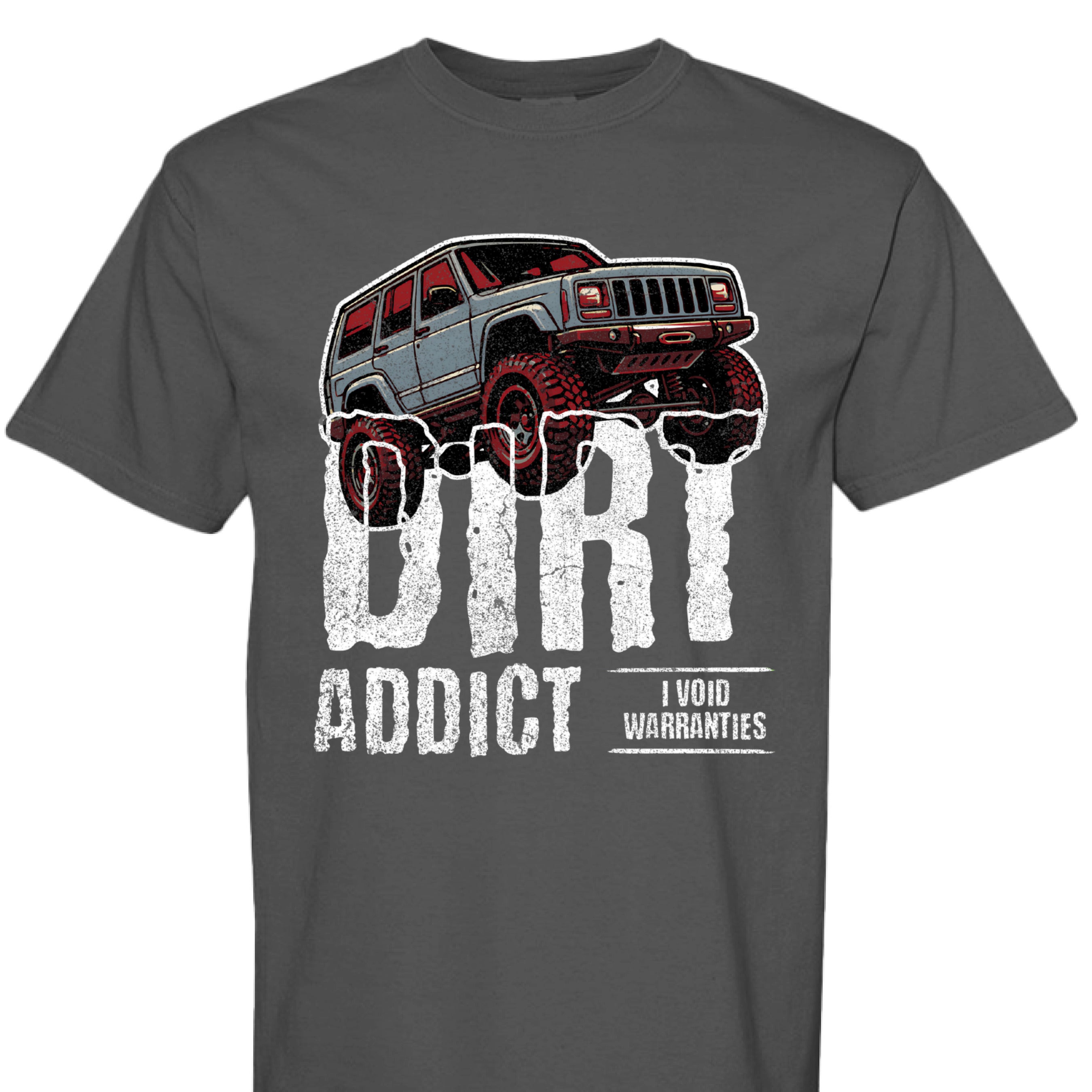 Dark charcoal gray t-shirt featuring a white graphic of a lifted Jeep Cherokee XJ captioned 'Dirt Addict.' - Charcoal Heather XJ Dirt Addict T-Shirt with distressed Jeep Cherokee graphic. - GRAPHITE - FRONT