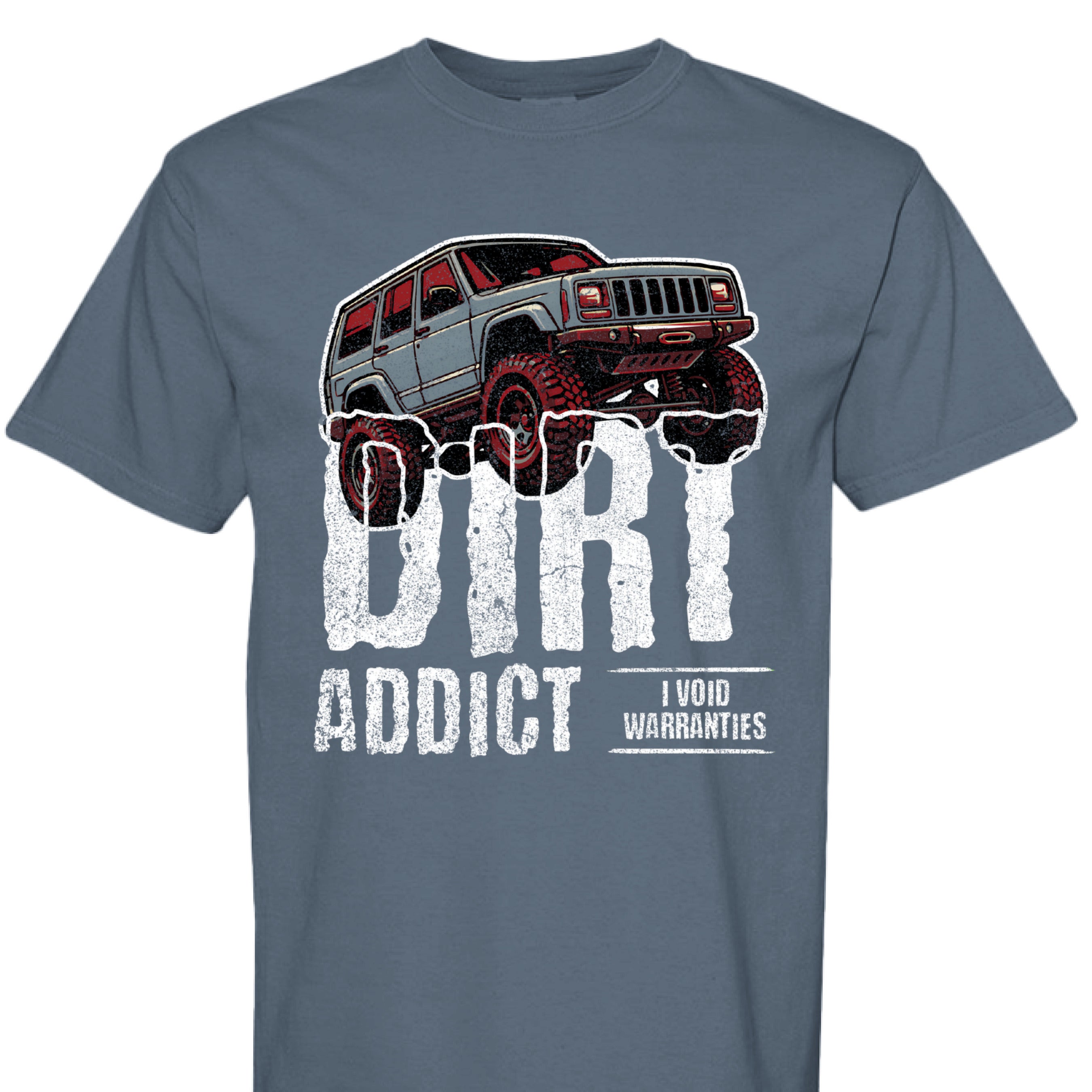 Dark charcoal gray t-shirt featuring a white graphic of a lifted Jeep Cherokee XJ captioned 'Dirt Addict.' - Charcoal Heather XJ Dirt Addict T-Shirt with distressed Jeep Cherokee graphic. - DENIM - FRONT