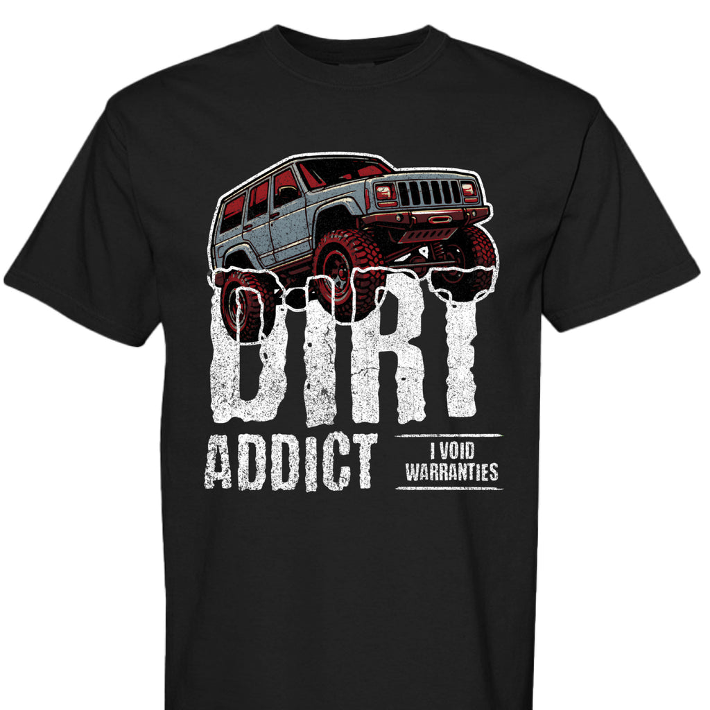 Dark charcoal gray t-shirt featuring a white graphic of a lifted Jeep Cherokee XJ captioned 'Dirt Addict.' - Charcoal Heather XJ Dirt Addict T-Shirt with distressed Jeep Cherokee graphic. - BLACK - FRONT