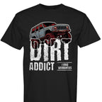 Dark charcoal gray t-shirt featuring a white graphic of a lifted Jeep Cherokee XJ captioned 'Dirt Addict.' - Charcoal Heather XJ Dirt Addict T-Shirt with distressed Jeep Cherokee graphic. - BLACK - FRONT