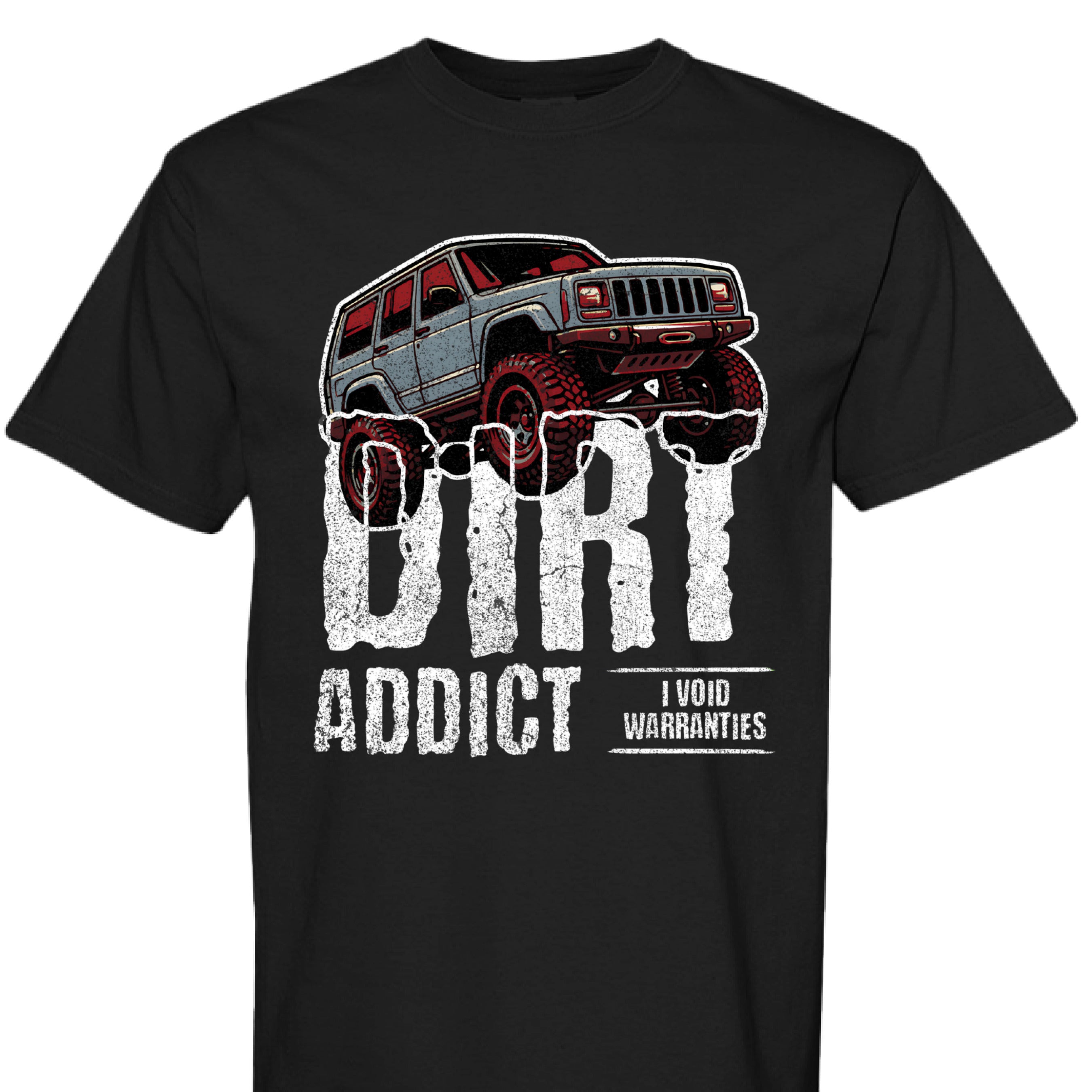 Dark charcoal gray t-shirt featuring a white graphic of a lifted Jeep Cherokee XJ captioned 'Dirt Addict.' - Charcoal Heather XJ Dirt Addict T-Shirt with distressed Jeep Cherokee graphic. - BLACK - FRONT