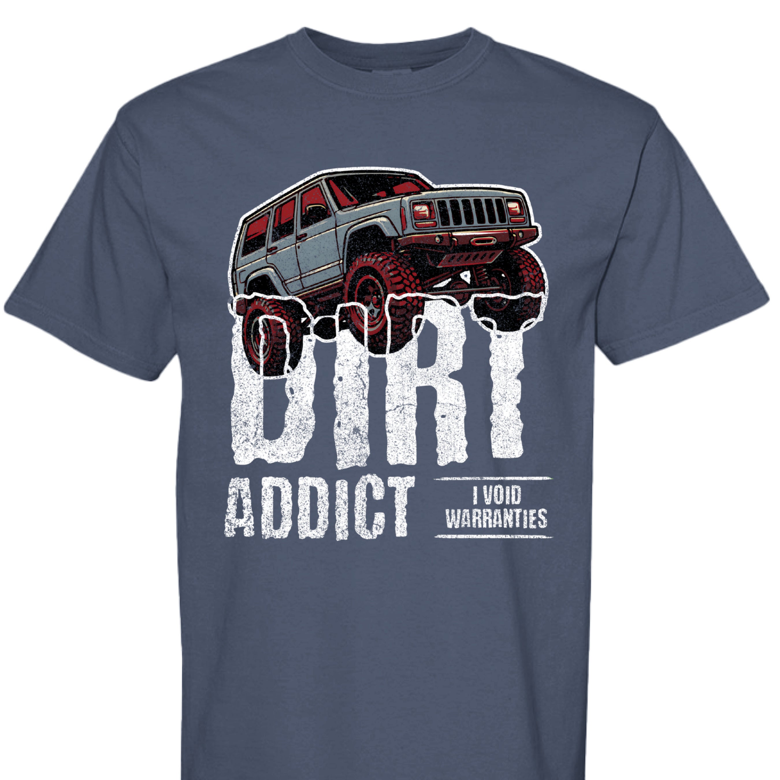 Dark charcoal gray t-shirt featuring a white graphic of a lifted Jeep Cherokee XJ captioned 'Dirt Addict.' - Charcoal Heather XJ Dirt Addict T-Shirt with distressed Jeep Cherokee graphic. - CHINA BLUE - FRONT