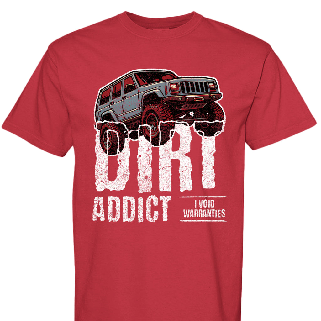 Dark charcoal gray t-shirt featuring a white graphic of a lifted Jeep Cherokee XJ captioned 'Dirt Addict.' - Charcoal Heather XJ Dirt Addict T-Shirt with distressed Jeep Cherokee graphic. - RED - FRONT