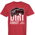 Dark charcoal gray t-shirt featuring a white graphic of a lifted Jeep Cherokee XJ captioned 'Dirt Addict.' - Charcoal Heather XJ Dirt Addict T-Shirt with distressed Jeep Cherokee graphic. - RED - FRONT