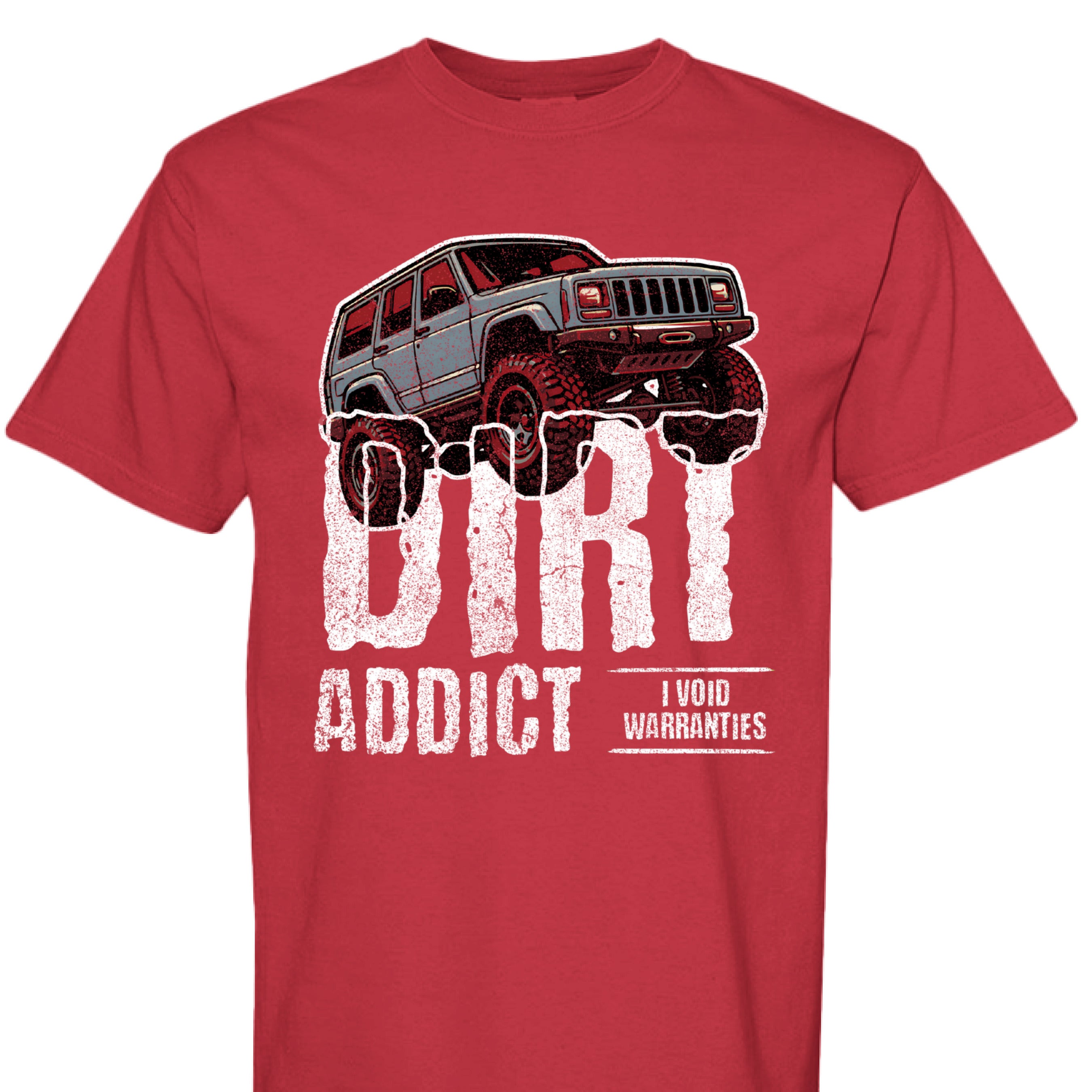 Dark charcoal gray t-shirt featuring a white graphic of a lifted Jeep Cherokee XJ captioned 'Dirt Addict.' - Charcoal Heather XJ Dirt Addict T-Shirt with distressed Jeep Cherokee graphic. - RED - FRONT