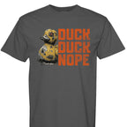 Dark charcoal graphic t-shirt featuring the 'Duck Duck Nope' design in a hand-detailed, gritty style for off-road enthusiasts. - GRAPHITE - FRONT