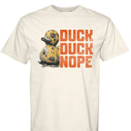 Dark charcoal graphic t-shirt featuring the 'Duck Duck Nope' design in a hand-detailed, gritty style for off-road enthusiasts. - IVORY - FRONT