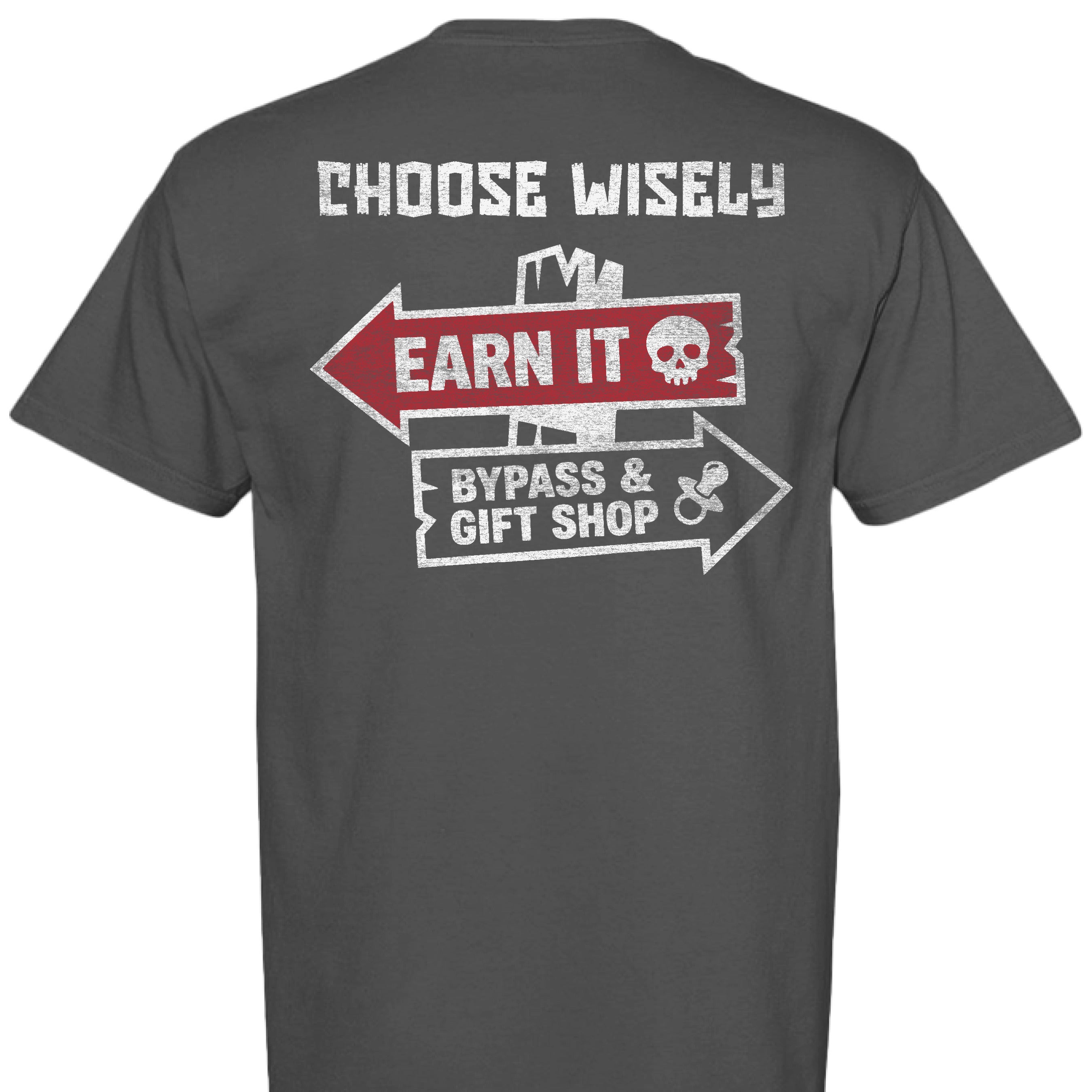 ARI Choose Wisely T-shirt, featuring a bold, weathered off-road graphic. Premium, soft-washed, garment-dyed cotton tee for trail enthusiasts. - GRAPHITE - Back View