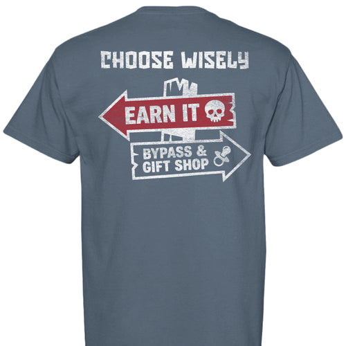 Almost Rolled It Choose Wisely tee in charcoal black with high-detail 'Earn It' off-road graphic. - ARI Choose Wisely T-shirt, featuring a bold, weathered off-road graphic. Premium, soft-washed, garment-dyed cotton tee for trail enthusiasts. - DENIM - Back View
