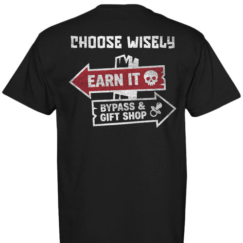 Almost Rolled It Choose Wisely tee in charcoal black with high-detail 'Earn It' off-road graphic. - ARI Choose Wisely T-shirt, featuring a bold, weathered off-road graphic. Premium, soft-washed, garment-dyed cotton tee for trail enthusiasts. - BLACK - Back View